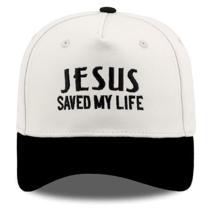 Embroidered Christian Two-Tone Baseball Cap for Men & Women, Adjustable Dad Hat Christmas Easter Gift - color: Jesus Saved My Life, Black/Beige