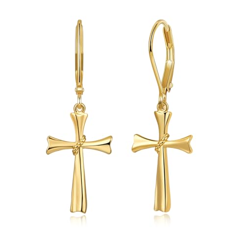 14K Gold Earring Cross Waterdrop Butterfly Heart Knot Earrings for Women Gold Silver Cross Leverback Drop Gold Silver Teardrop Hoop Dangle Earring White Gold Dangle Drop Earring - color: Gold-Cross Dangle Earring