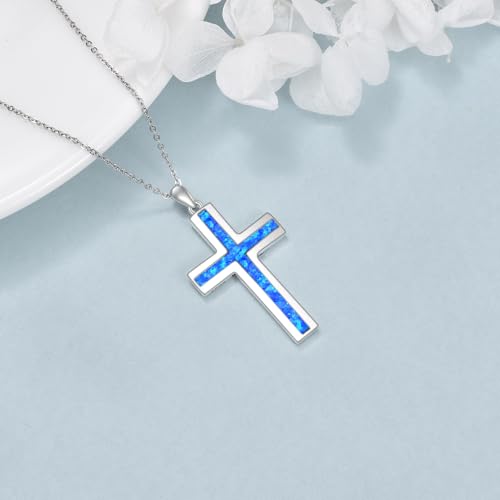 YFN Cross Necklace Sterling Silver Religious Cross Pendant Jewelry Christian Gifts for Women Men - style: B. Blue Opal