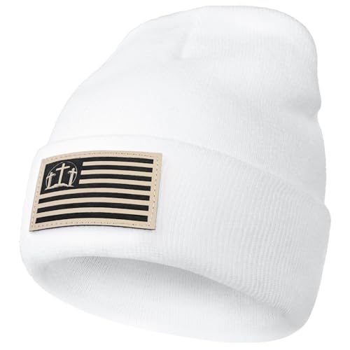 Christian Cross Beanie Hats for Men Women, Faith Winter Cuffed Hats, Religious Gifts for Thanksgiving Christmas New Years - color: White, style: Three Cross Flag