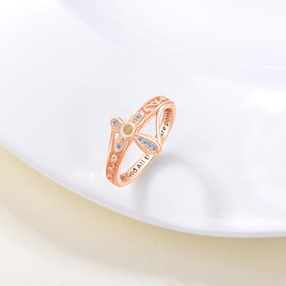 AOBOCO Cross Ring with Mustard Seed 925 Sterling Silver With God All Things Are Possible Band Rings, Size 4-13 - color: Silver Plated with Rose Gold