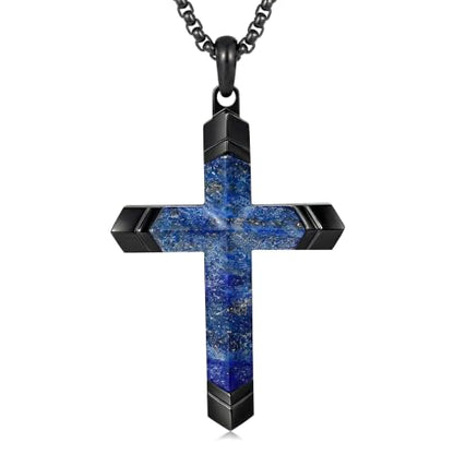 Lapis Lazuli/Amethyst Cross Necklace for Men Waterproof and Sweat-Resistant Suitable for both men and women With Adjustable Box Chain Christian Jewelry Father Day Gifts for Men - color: Blue&Black