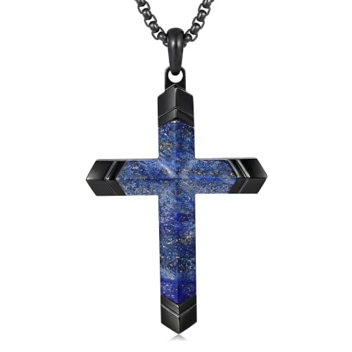 Lapis Lazuli/Amethyst Cross Necklace for Men Waterproof and Sweat-Resistant Suitable for both men and women With Adjustable Box Chain Christian Jewelry Father Day Gifts for Men - color: Blue&Black