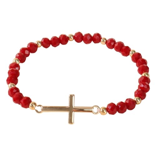 Pingyongchang Colorful Crystal Beaded Cross Bracelet Retro Stainless Steel Cross Stretch Bracelet Christian Religious Jewelry Gifts for Women Men - color: Red