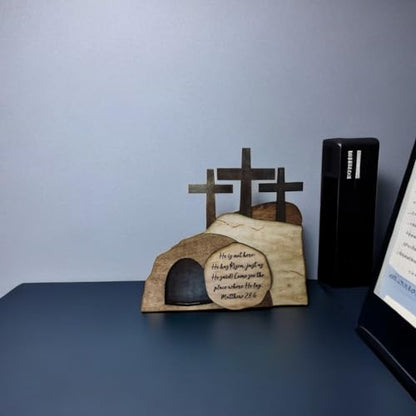 The Empty Tomb Easter Scene and Cross Decoration, He is Risen Decor,Jesus Tomb Tray Bundle Kit, Wooden Easter Jesus Sign Tiered Tray Decorations for The Home, Tabletop, Office (Wood)