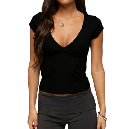 Women Deep V Neck Cross Wrap Top Cap Sleeve Slim Fit Basic Crop Tee - color: Black, size: Medium
