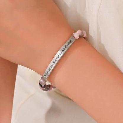 Inspirational Bracelets for Women,18K Gold Plated Christian Bible Verse Faith Jewelry, Religious Jesus Prayer Gift for Mom, Sister, Friend - color: Friends are the family we choose.-Pink Zebra Jasper-Silver