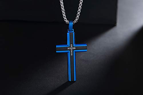 Holizaly Men's Cross Necklace 316L Stainless Steel Pendant White/Gold/Black/Blue Rolo Chain-Gift Box Included - color: Blue Black-A