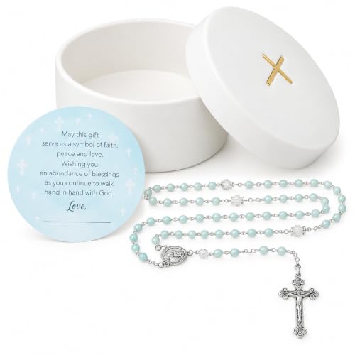Baptism Gifts for Boys – Blue Rosary with Ceramic Keepsake Box and Card, Blue - color: Light Blue