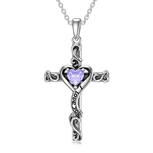 TOUPOP Cross Birthstone Necklace for Women 925 Sterling Silver Heart Cross Pendant I Love You Jewelry Anniversary Christmas Birthday Gifts for Wife Mom Her - color: 06-Alexandrite