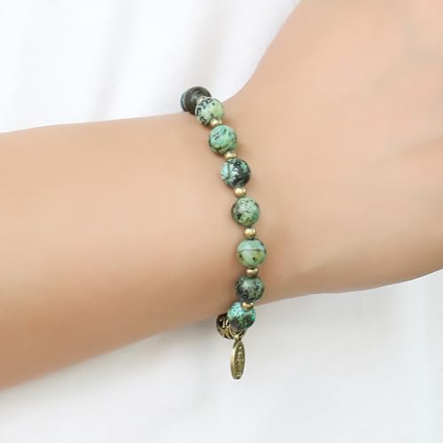 Nazareth Store Stone Beads Rosary Bracelet with Metal Separators and Catholic Medal - Durable and Elegant Wrist Jewelry - color: Africa Jasper