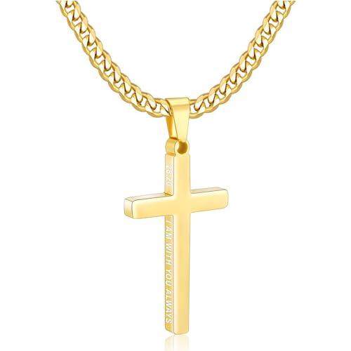 Gnamy Cross Necklace for Men Boys Stainless Steel Bible Verse Cross Pendant with Cuban Link Chain (22+2 Inches) | Christian Religious Jewelry Gifts - color: Gold, style: MATTHEW 28:20