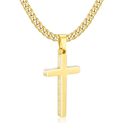 Gnamy Cross Necklace for Men Boys Stainless Steel Bible Verse Cross Pendant with Cuban Link Chain (22+2 Inches) | Christian Religious Jewelry Gifts - color: Gold, style: MATTHEW 28:20