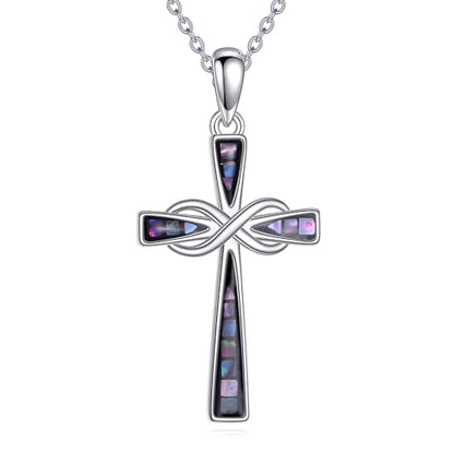 Infinity Cross Necklace S925 Sterling Silver Turquoise/Wooden/Opal/Abalone Cross Pendant Necklaces Christian Jewelry Gifts For Women - style: Abalone Cross-2