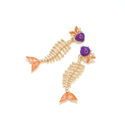 Fish Bone Earrings Drip Oil Animal Earrings Colorful Crystal Sparkly Enamel Earrings Creative Long Fishbone Earstud Dangle Fish Drop Earrings Jewelry for Women - color: Orange