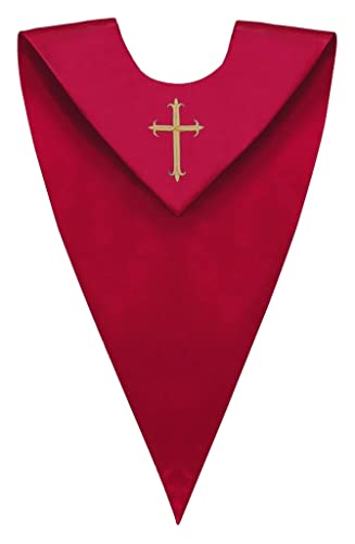CLERKMANS Unisex Adult V-Neck Choir Stole with Embroidered Cross Patch - color: Red