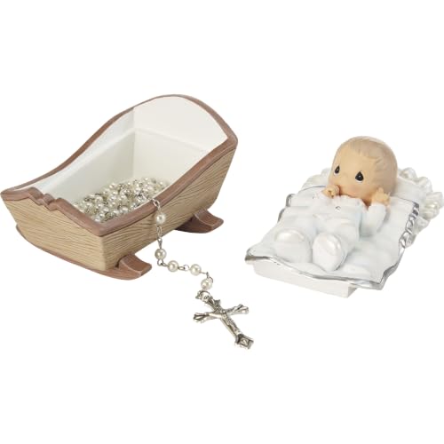 Precious Moments Baby in Cradle Baptism Rosary Box with White Rosary - Boy