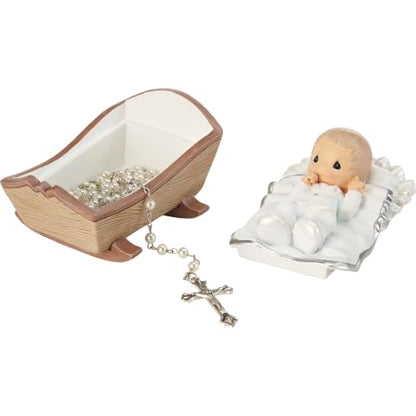 Precious Moments Baby in Cradle Baptism Rosary Box with White Rosary - Boy