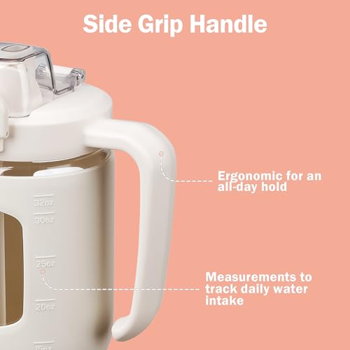 32oz Glass Tumbler with Straw Handle, Reusable Iced Coffee Cup, White - color: White