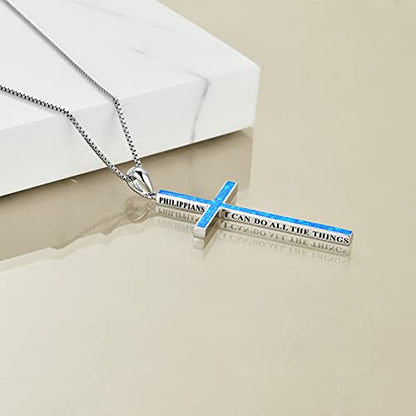 POPLYKE Cross Necklace 925 Sterling Silver Philippians 4:13 I Can Do All The Things Inspirational Necklace Gifts for Women Men 20+2'' - color: Blue Opal
