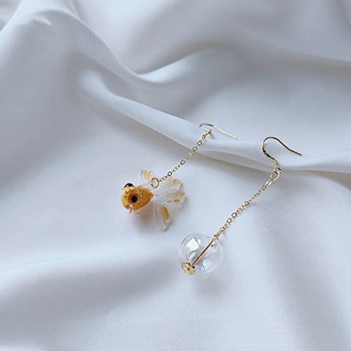 Funny Cute Asymmetry Goldfish Dangle Drop Earrings Lovely Acrylic Resin transparent Glass Ball Fish Earrings for Women - color: yellow