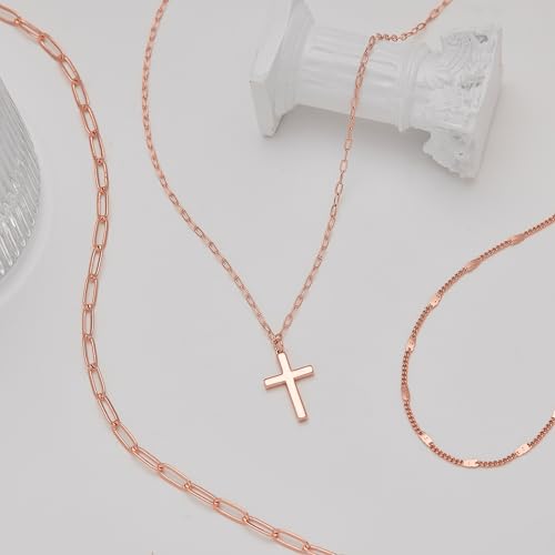 Poxtex Layered Gold Necklaces for Women, Stackable Dainty 14K Gold Silver Plated Trendy Simple Heart Diamond Cross Bow Circle Pendant Paperclip Choker Dot Chain Necklace,Jewelry Set Gifts for Women - color: Rose Gold, style: Cross1