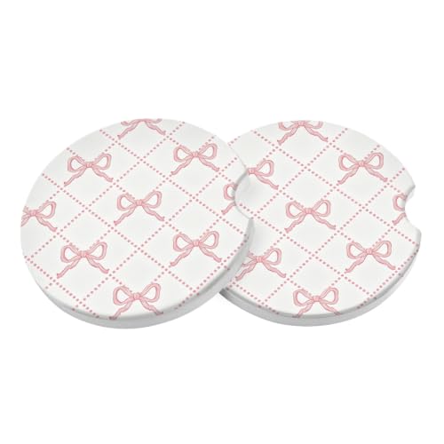 Car Coasters 2 Pack, Small 2.56" Stone Car Interior Cupholder Absorbent Coaster with Cork Back for Women Men Coffee Drink Cup Coasters (Pink Bow) - color: Pink Bow