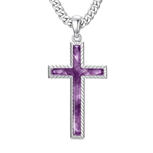 MRENITE Silver Natural Stone Cross Necklace, Classic Latin Cross Pendant Necklace for Unisex Women Man, Vintage Crystal Quartz Cross Necklace with 20+2 Inches Adjustable Cuban Chain - style: Amethyst