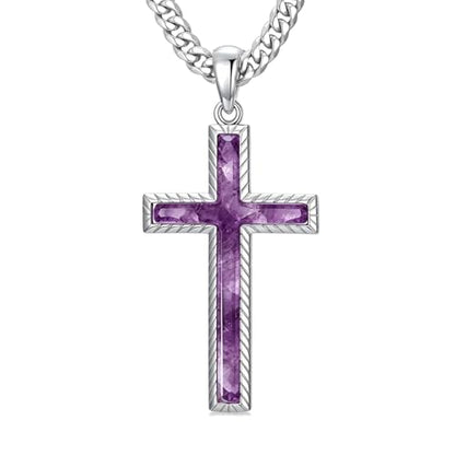 MRENITE Silver Natural Stone Cross Necklace, Classic Latin Cross Pendant Necklace for Unisex Women Man, Vintage Crystal Quartz Cross Necklace with 20+2 Inches Adjustable Cuban Chain - style: Amethyst