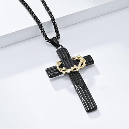 MOOSKI Cross Necklace for Men 316L Stainless Steel Crucifix Jesus 24" Chain - color: Black-gold