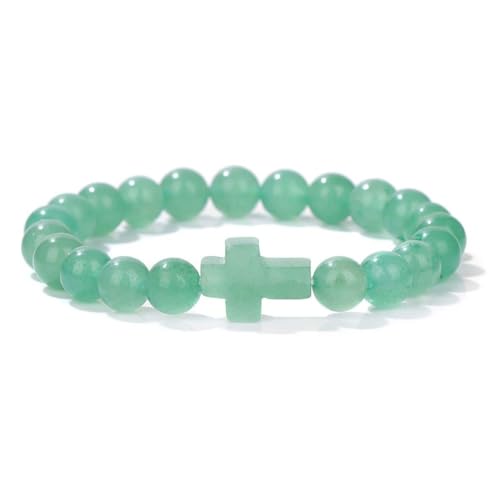 8mm Gemstone Cross Bracelet for Women Men – Stretch Beaded Faith Bracelet with Sideways Cross (Multiple Colors) - style: Green Aventurine