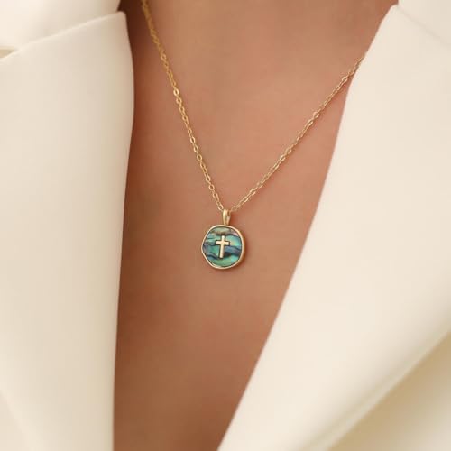 Gold Enamel Mini Cross Necklace Tiny Mother of Pearl Cross Necklace Religious Christian Gift for Baptism First Communion Christmas - color: big mother of pearl cross (15mm)-colorful