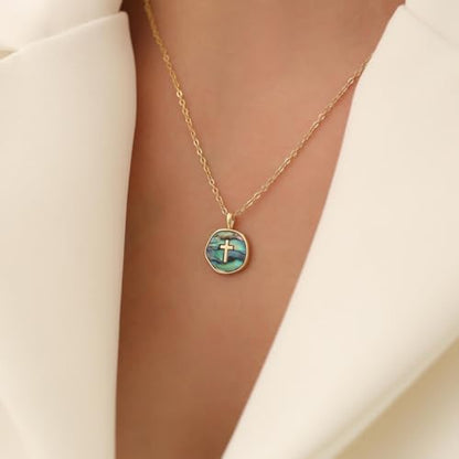 Gold Enamel Mini Cross Necklace Tiny Mother of Pearl Cross Necklace Religious Christian Gift for Baptism First Communion Christmas - color: big mother of pearl cross (15mm)-colorful