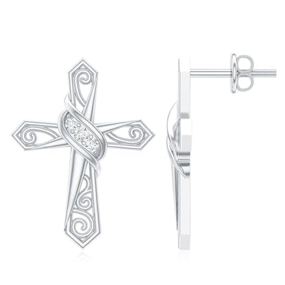 Certified Moissanite Catholic Cross Stud Earrings in Silver, D-Vs1 Quality