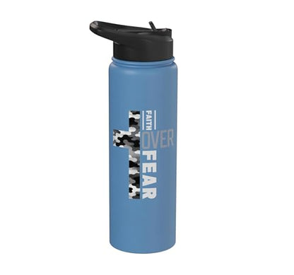 Faith Over Fear Christian Camo Cross Religious Bible Verse Stainless Steel Insulated Water Bottle - color: Light Blue