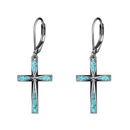 Cross Earrings 925 Sterling Silver Dangle Earring Gifts for Women - style: Black Origami Turquoise