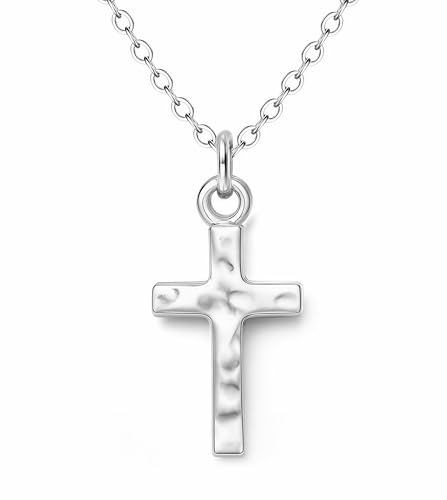 MILACOLATO 925 Sterling Silver Cross Necklace for Women, 14K Gold Plated Small Cross Pendant Choker Necklace, Dainty Hammered Cross Christian Baptism Religious Jewelry Gifts - color: Silver