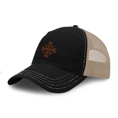 Richardson Soft Mesh Cap Hat Embroidered Jerusalem Cross Crusader Christ Jesus Trucker Hats for Men & Women - color: Black Tan Design Only