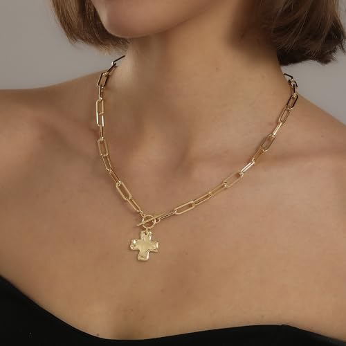 Chunky Cross Necklace for Women, 14K Gold Silver Pendant Necklace - color: Gold-Toggle-0.8 inch pendant