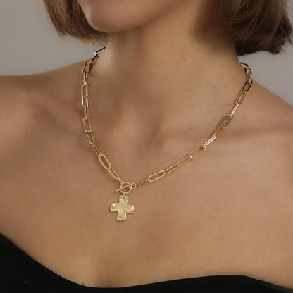 Chunky Cross Necklace for Women, 14K Gold Silver Pendant Necklace - color: Gold-Toggle-0.8 inch pendant