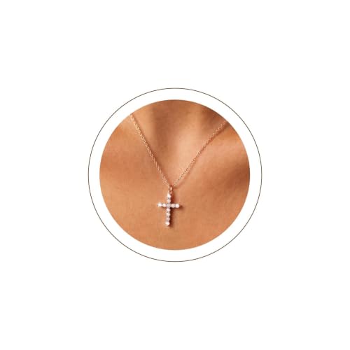 U7 Cross Necklace for Women,CZ Cross Pendant Necklace 18"+2" - color: Rose Gold