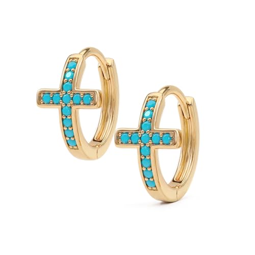 MYEARS Gold Cross Hoop Earrings for Women Trendy 14K Gold Plated Small Hoops Huggie Earrings White Cubic Zirconia Turquoise Minimalist Simple Christmas Christian Cross Jewelry Gifts - color: Turquoise
