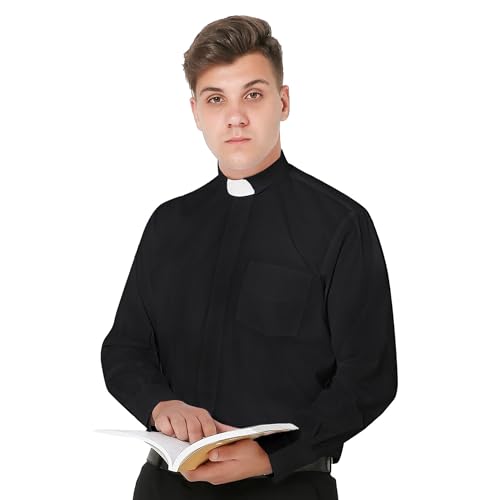 IvyRobes Mens Tab-Collar Long Sleeves Clergy Shirt- 5 Colors Available - color: Black, size: Small