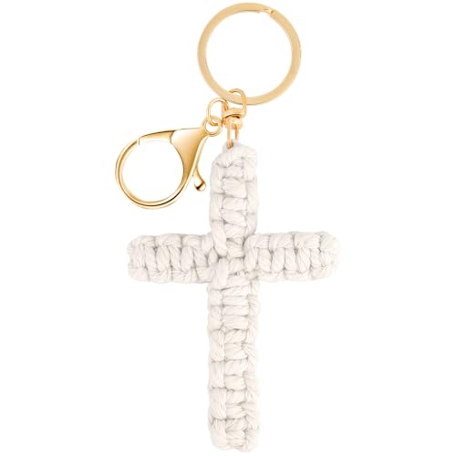 PLwelth Cross Keychain for Women Men Christian Bag Charms for Handbags Handmade Crochet Cross Keyring for Car Keys Backpack Purse Wallet Decor Cute Boho Charm Accessories Faith Religious Baptism Gifts