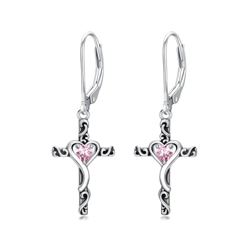 TOUPOP Cross Birthstone Earrings 925 Sterling Silver Heart Cross Dangle Earrings Fine Jewelry Christmas Birthday Gifts for Women Wife Mom Her - color: White Gold-10-October-Pink Tourmaline
