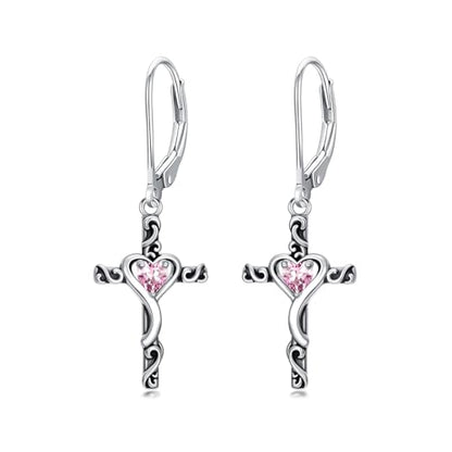 TOUPOP Cross Birthstone Earrings 925 Sterling Silver Heart Cross Dangle Earrings Fine Jewelry Christmas Birthday Gifts for Women Wife Mom Her - color: White Gold-10-October-Pink Tourmaline