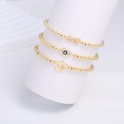Gold Bracelets for Women 14K Gold Plated Bead Bracelet Hypoallergenic Stretch Bracelets for Women Elastic Bracelet Trendy Teen Gift Dainty Jewelry for Women - style: Evil Eye