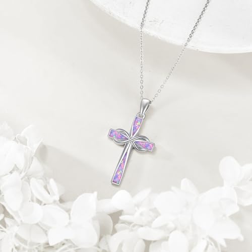 ONEFINITY Cross Necklace 925 Sterling Silver Cross Pendant Religious Jewelry Gifts - style: Pink Purple Opal