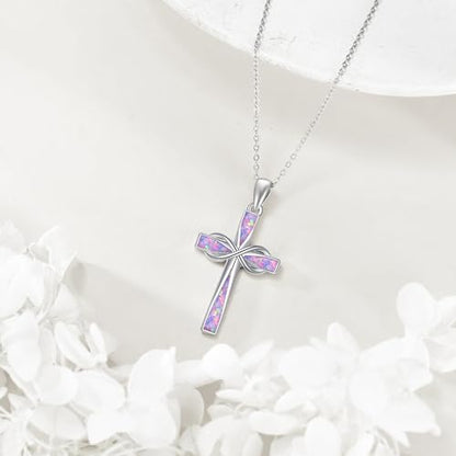ONEFINITY Cross Necklace 925 Sterling Silver Cross Pendant Religious Jewelry Gifts - style: Pink Purple Opal