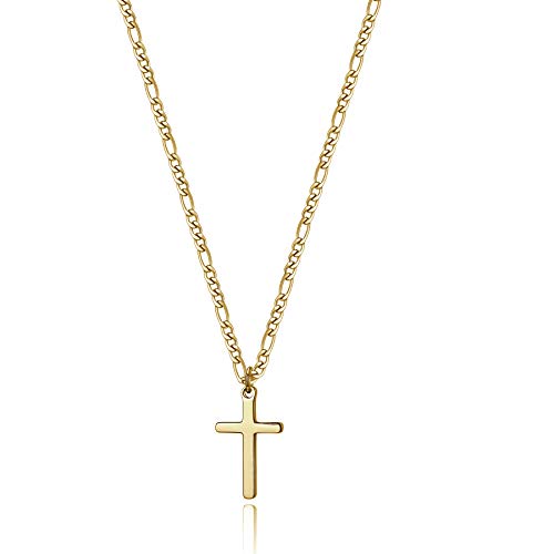 Joxevyia 14K Gold Filled Cross Necklace for Men Figaro Chain Stainless Steel Polished Cross Pendant Necklace Simple Baptism Faith Jewelry Gift - size: 18 inches, style: small cross pendant(1.0"*0.6")
